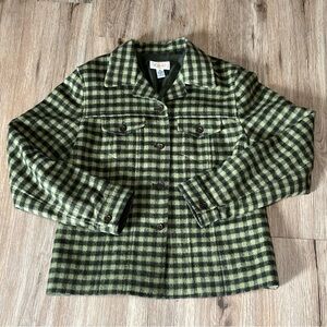 VTG Talbots Button Front Jacket Sz 8 Wool Blend Green Houndstooth Check Classic
